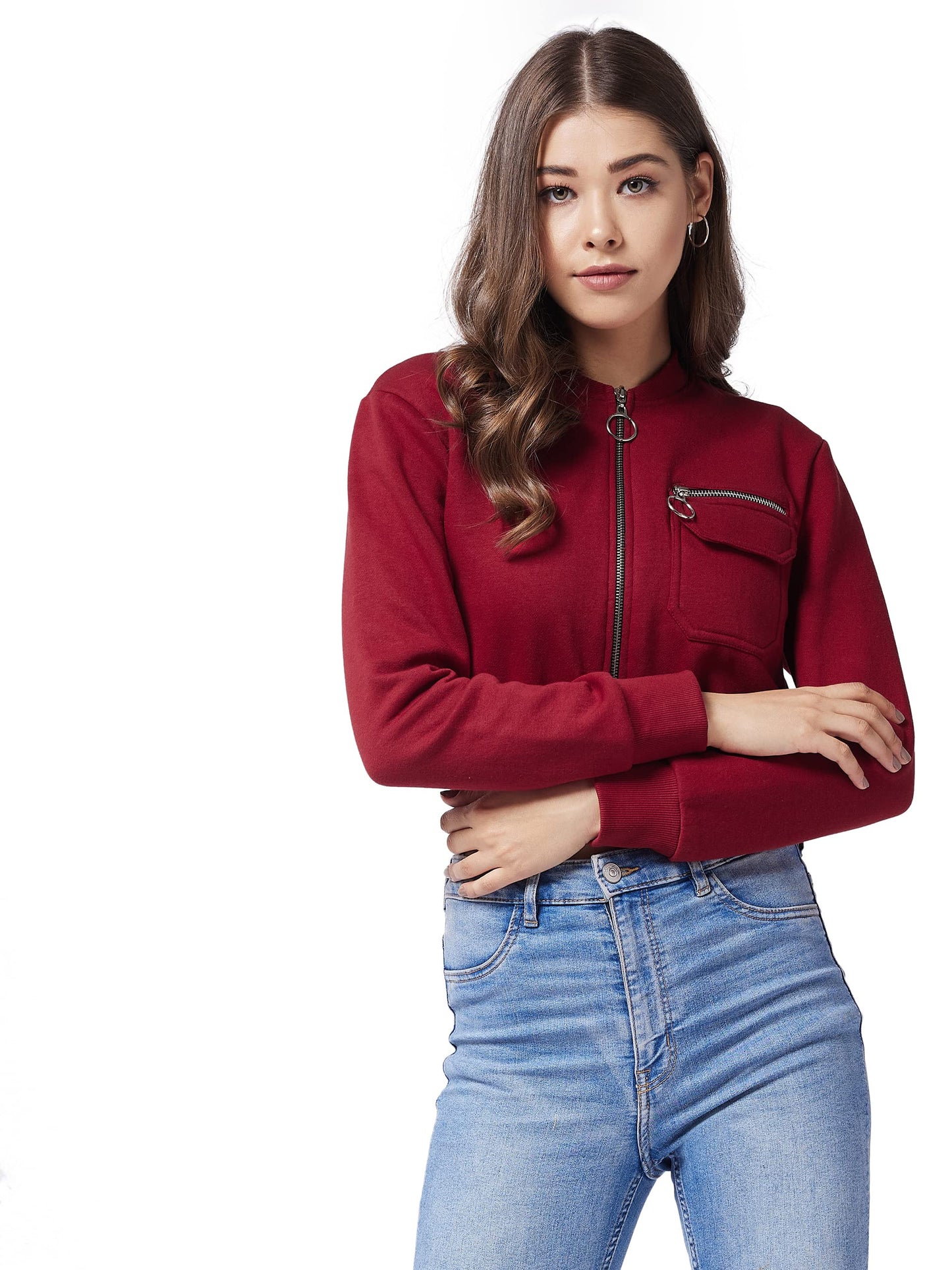 Miss Chase WomenS Polyester Full Length Round Neck Full Sleeve Solid Bomber Crop Jacket (Mcaw19Jkt03-20-143-06,Maroon,Xl)