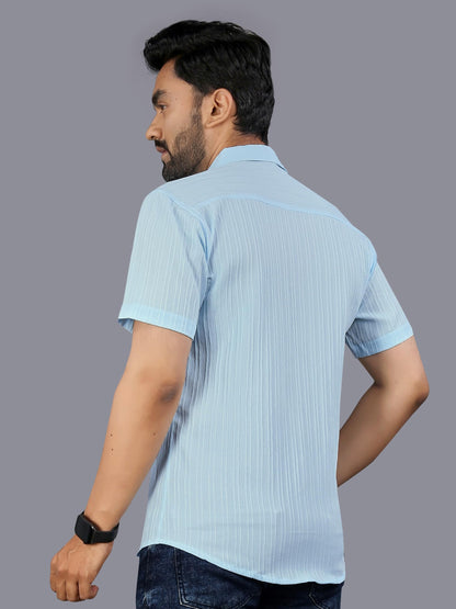 Mildin MenS Cotton Blend Shirt With Self Design Textured Stripes Spread Collar Neck Half Sleeve Western Hip Length | Sky Blue