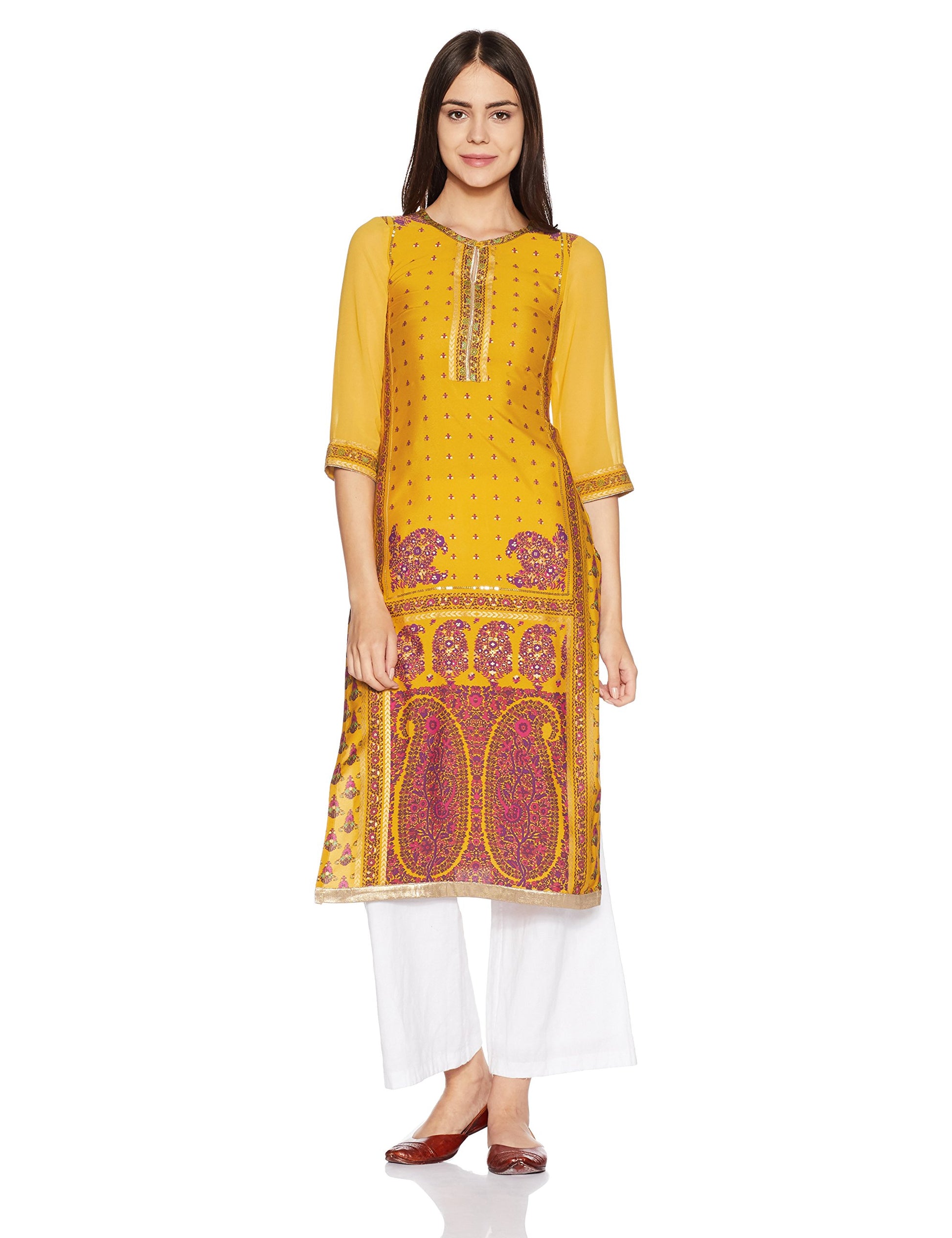 W for Woman Women's Straight Kurta (17AU17155-50625_Lemon