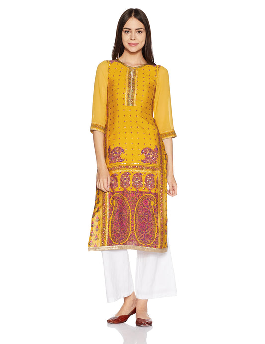 W for Woman Women's Straight Kurta (17AU17155-50625_Lemon