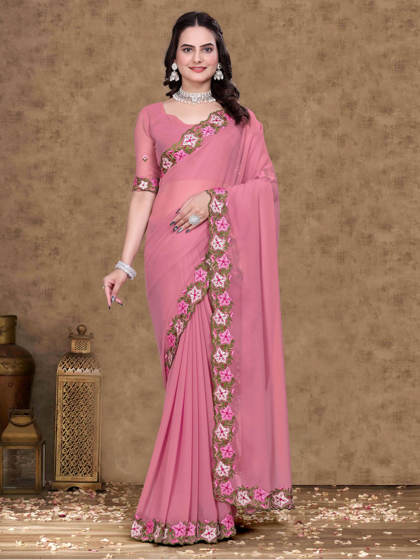 Suketa WomenS Soft Georgette Saree With Floral Printed Border Unstitched Blouse Piece Solid Pattern | Saree For Woman Daily Wear