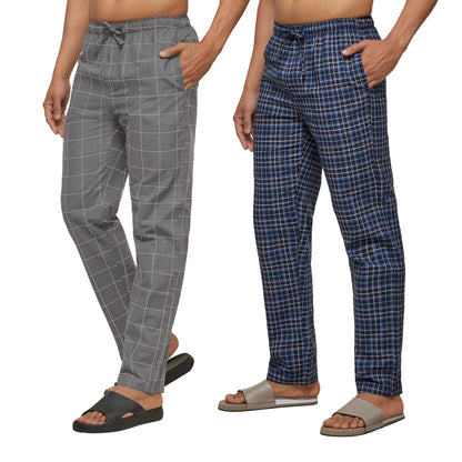 XYXX Mens Super Combed Cotton Checkered Checkmate Pyjamas [Pack of 2] Elasticated Waist, Drawstring | Loungewear for Men in Blu