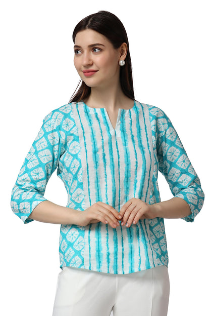 Popwings Cotton Geometric Regular Kurti (Women Printed Short Kurta_Sky Blue & White