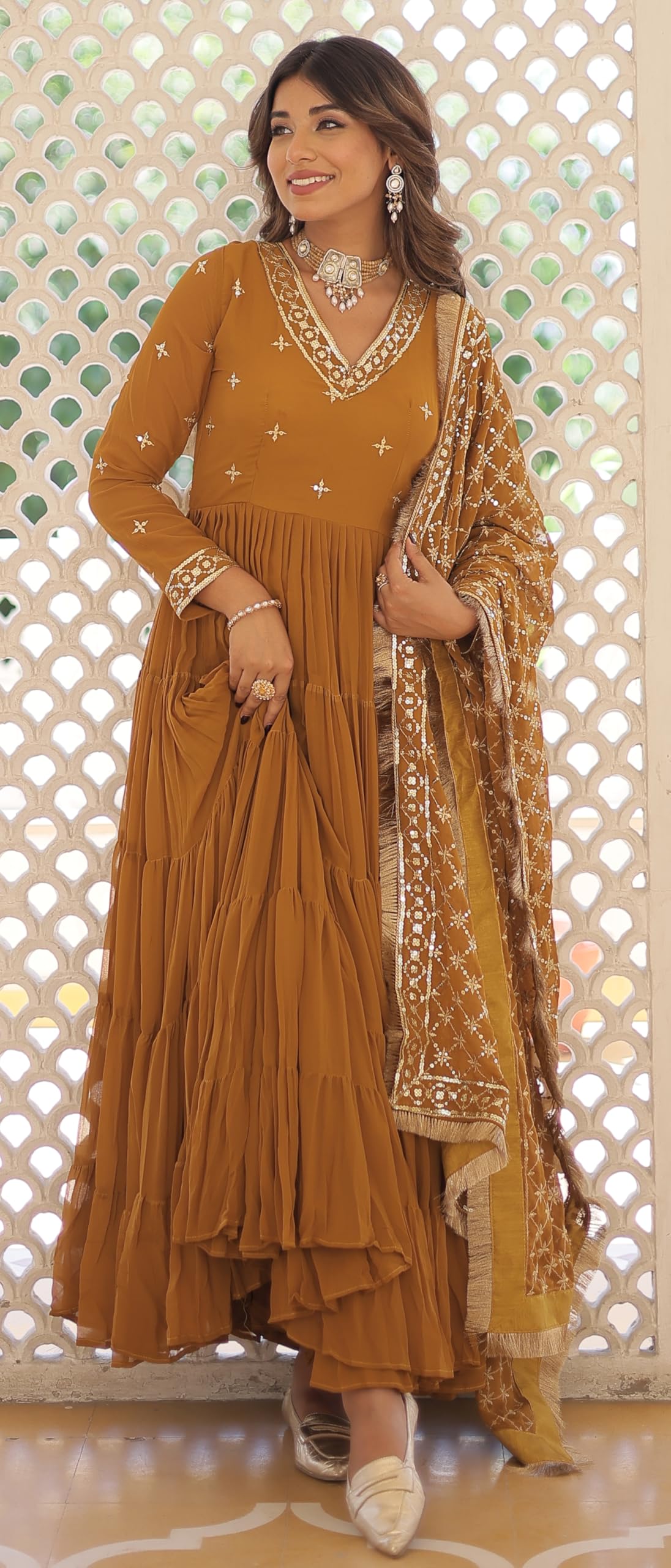Fashion Basket WomenS Georgette Anarkali Dress Yellow