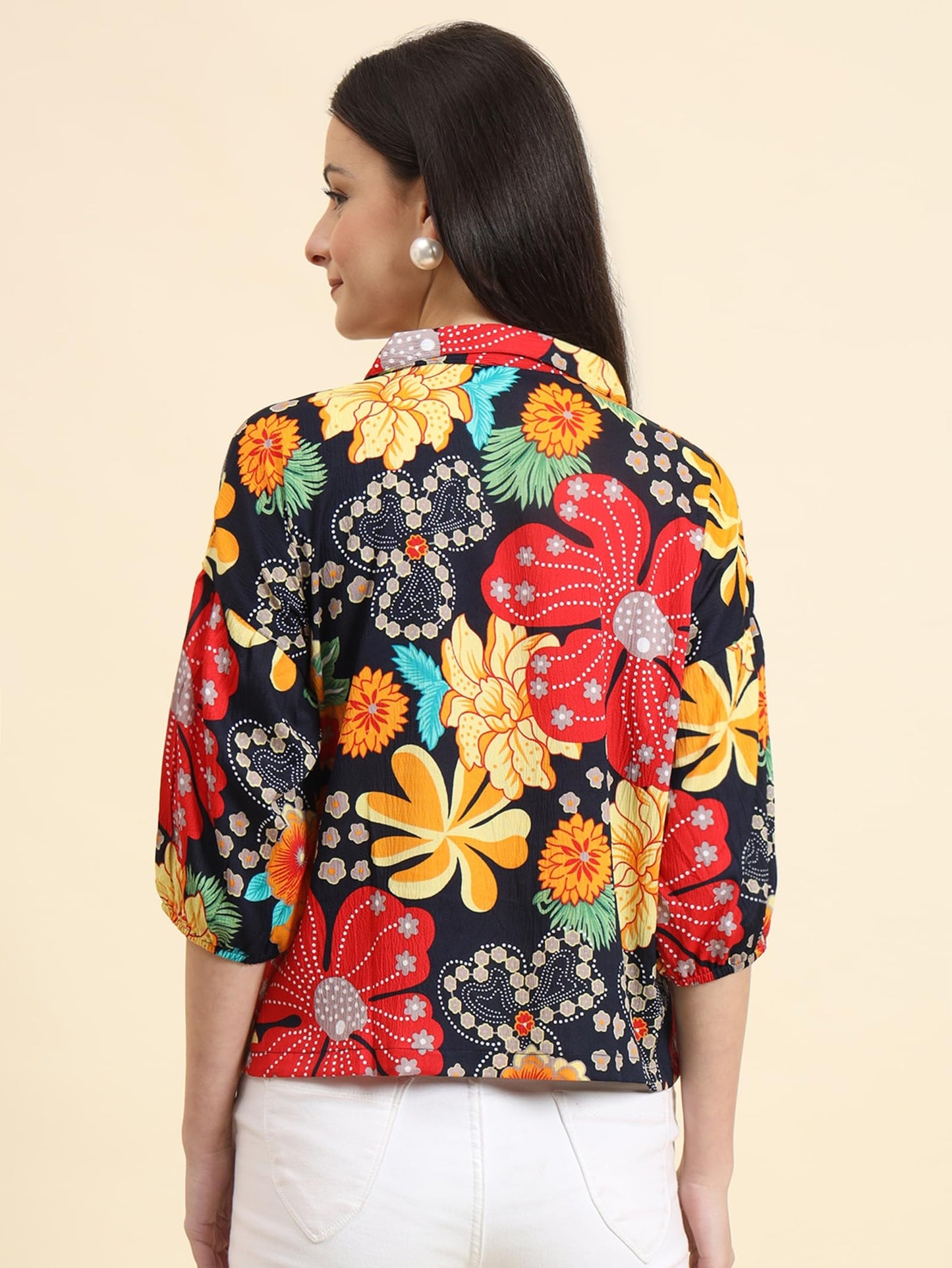 Vairagee Women Cotton Blend Black Striped Pattern V-Collar Three Quarter Sleeves Stylish Boxy Shirt (1730_7)