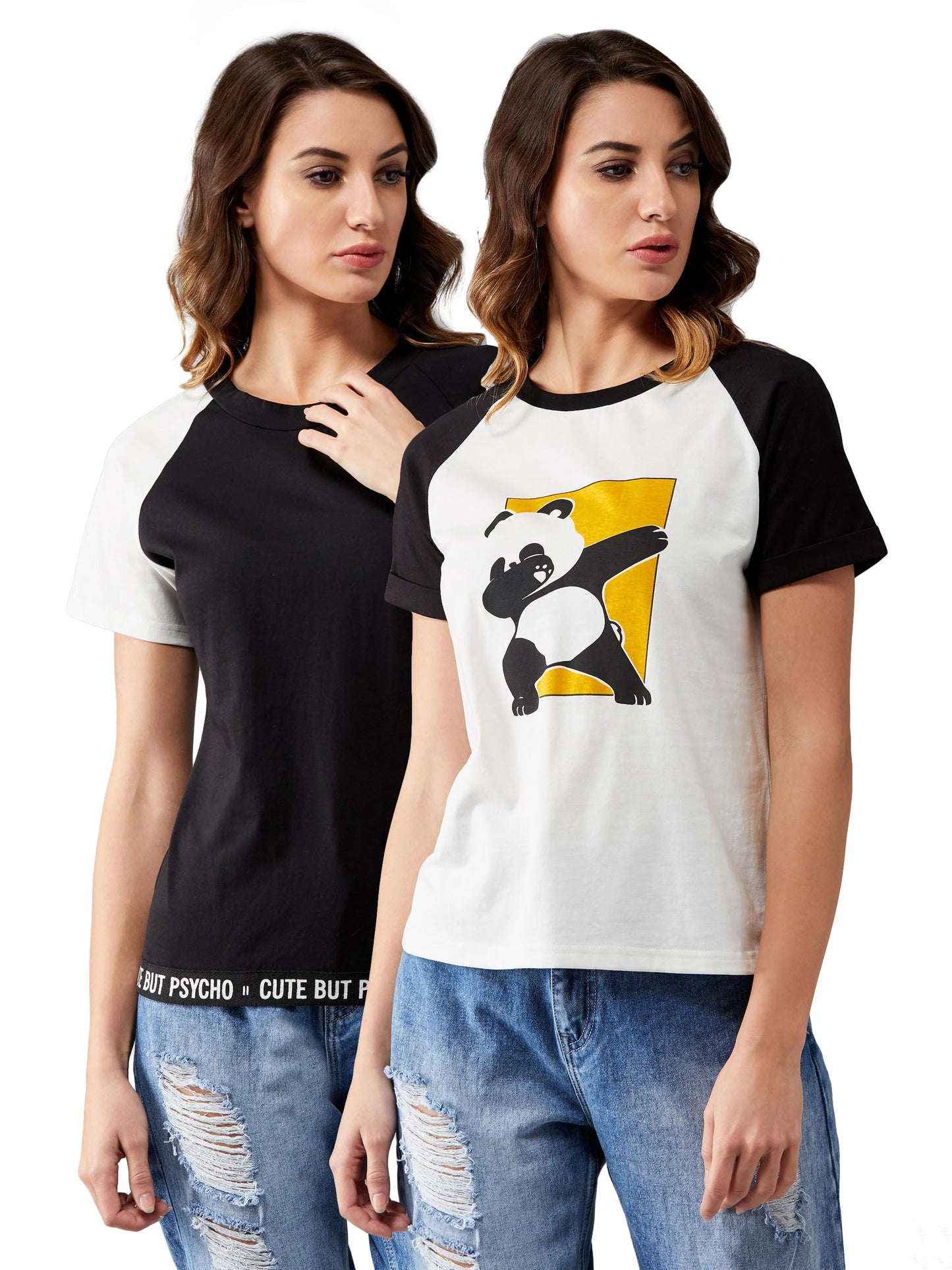 Miss Chase WomenS Knitted Cotton Regular Length Round Neck Solid & Printed Pack Of Two T-Shirt. (Mcss20Co04-25-98-03, Black & W