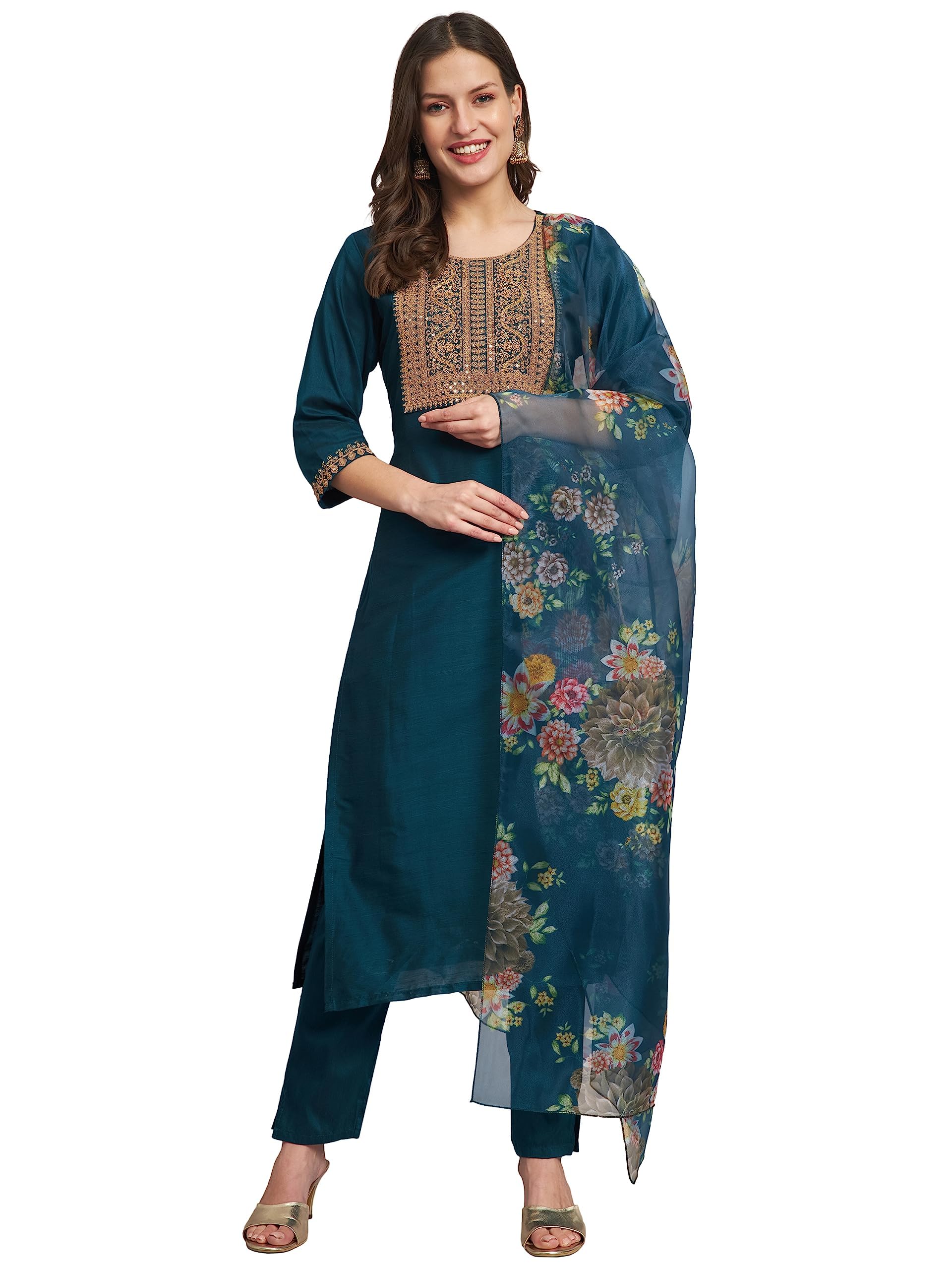 Vredevogel WomenS Embroidered Cotton Silk Blend Kurta Pant With Dupatta Set (Teal_Large)