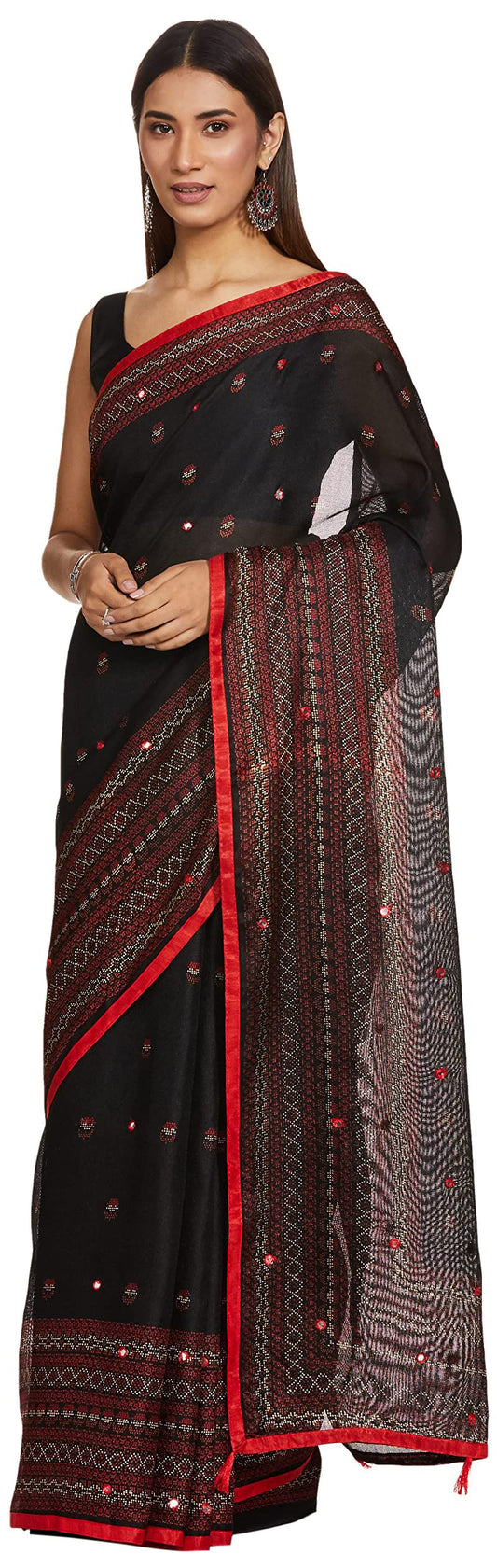 ANNI DESIGNER Womens Jute Silk Printed Mirror Embroidery Black Saree With Blouse