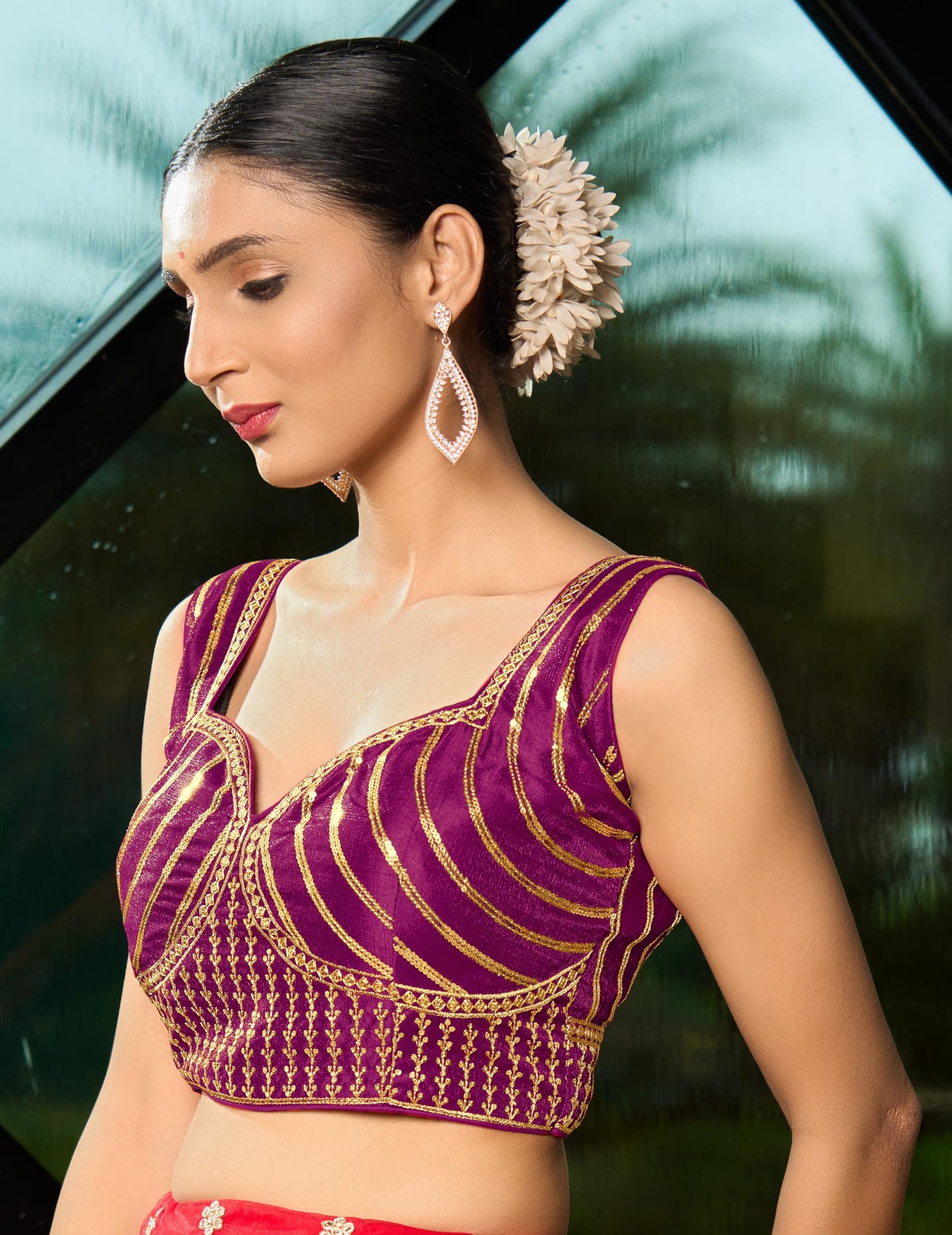 Pujia Mills Womens Readymade Blouse Embroidery Multi Coding Gold Thread Indian Ethnic Designer Stitched Readymade Saree Sleevel
