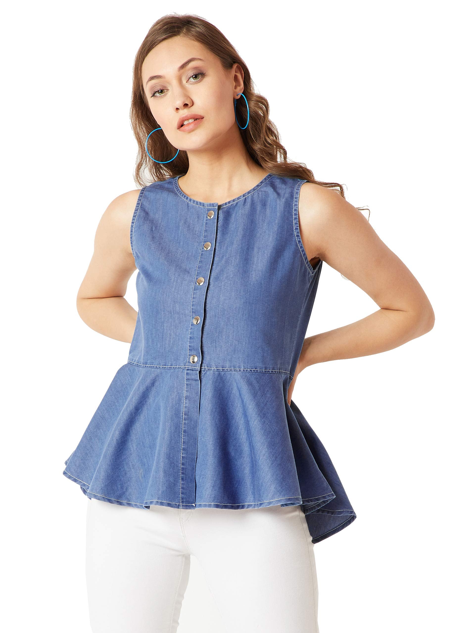Miss Chase WomenS Blue Super Soft Solid Regular Round Neck Sleeveless Denim Front Open Peplum Top (Mcss19Den03-24-115-06, Blue,