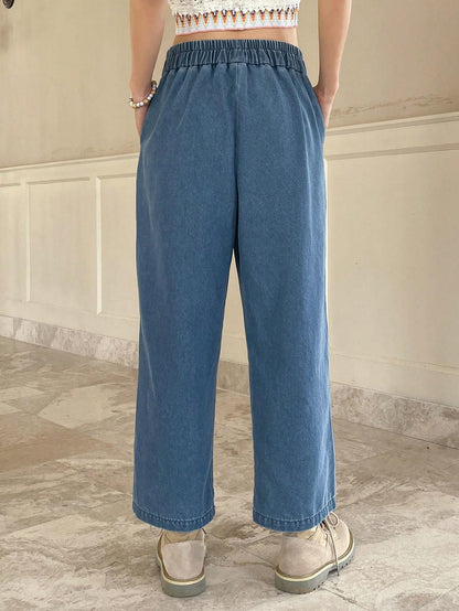 Shasmi Girls & Womens Blue Denim Cotton Elastic Waist Cropped Straight Ankle Length Wide Leg Casual Baggy Jeans for Women, Tro