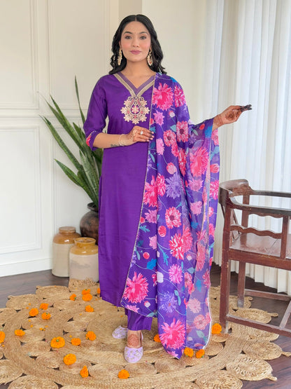 Naixa WomenS Wine Roman Silk Embroidered Straight Kurta With Roman Silk Pant And Organza Printed Dupatta Sets (Nx-M-Shradha-Win