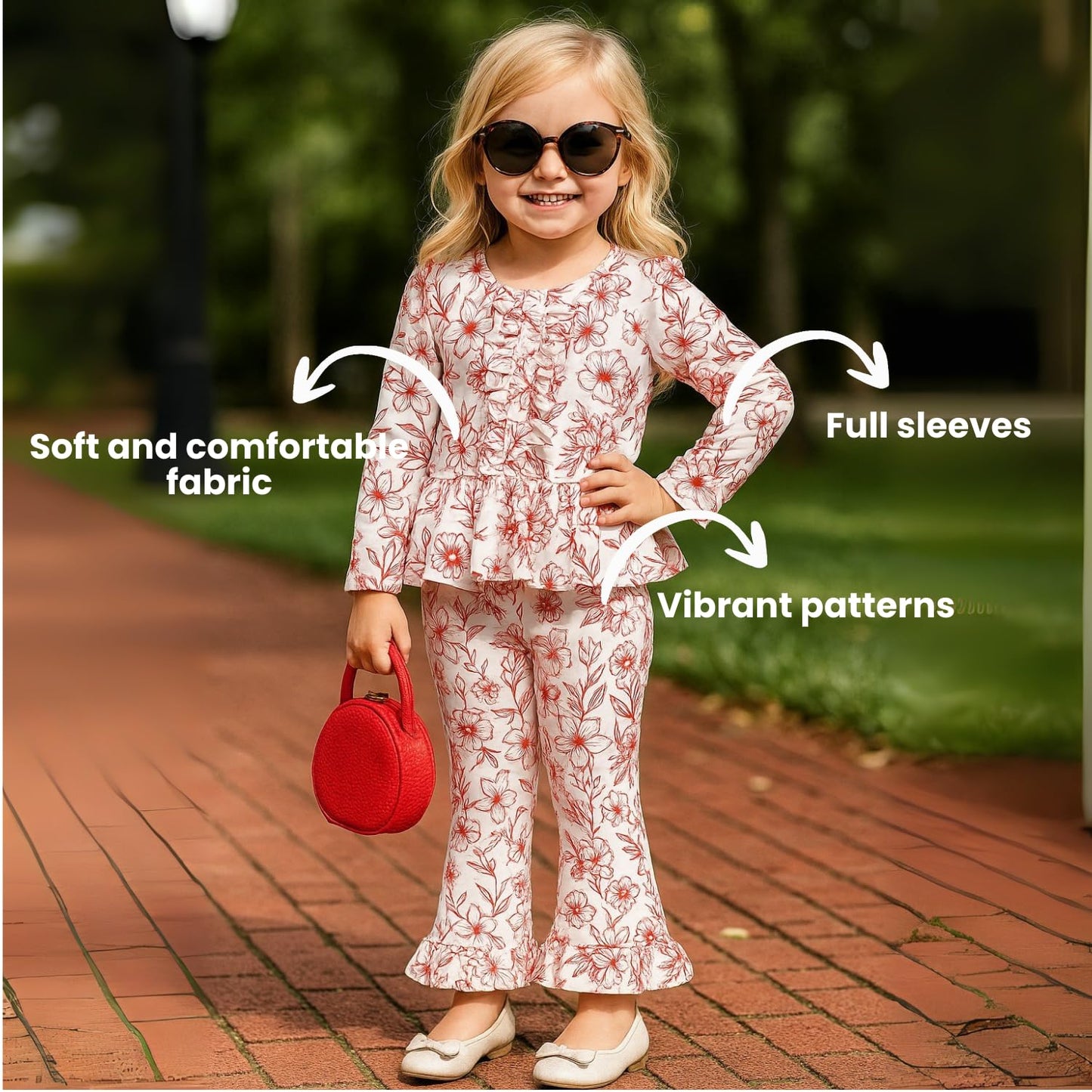 A.T.U.N. (ALL THINGS UBER NICE) Girls Red Floral Printed Long Sleeve Peplum Top and Ruffle Pants Set