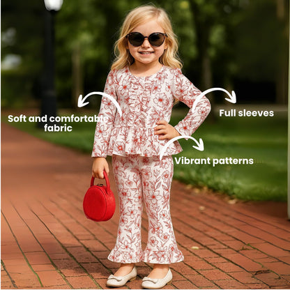 A.T.U.N. (ALL THINGS UBER NICE) Girls Red Floral Printed Long Sleeve Peplum Top and Ruffle Pants Set