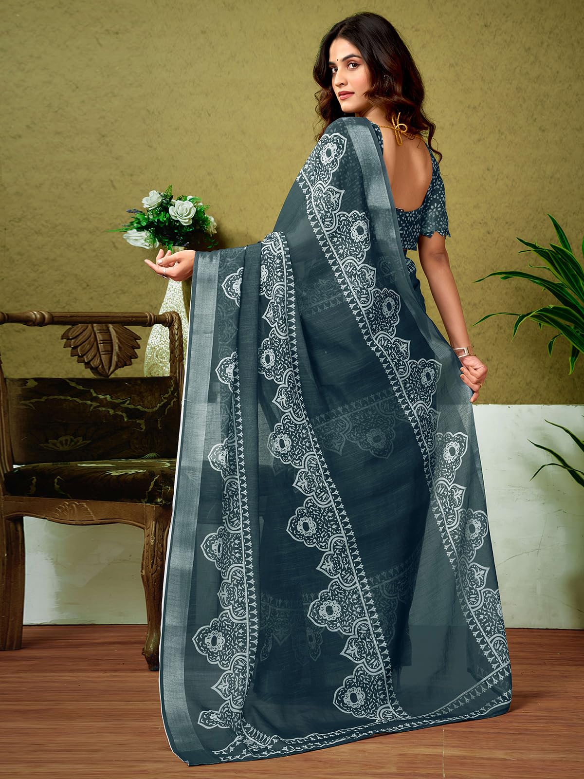 Satrani WomenS Linen Zari Border Printed Ready To Wear One Minute Pre Pleated Readymade Saree With Unstitched Blouse Piece (33R