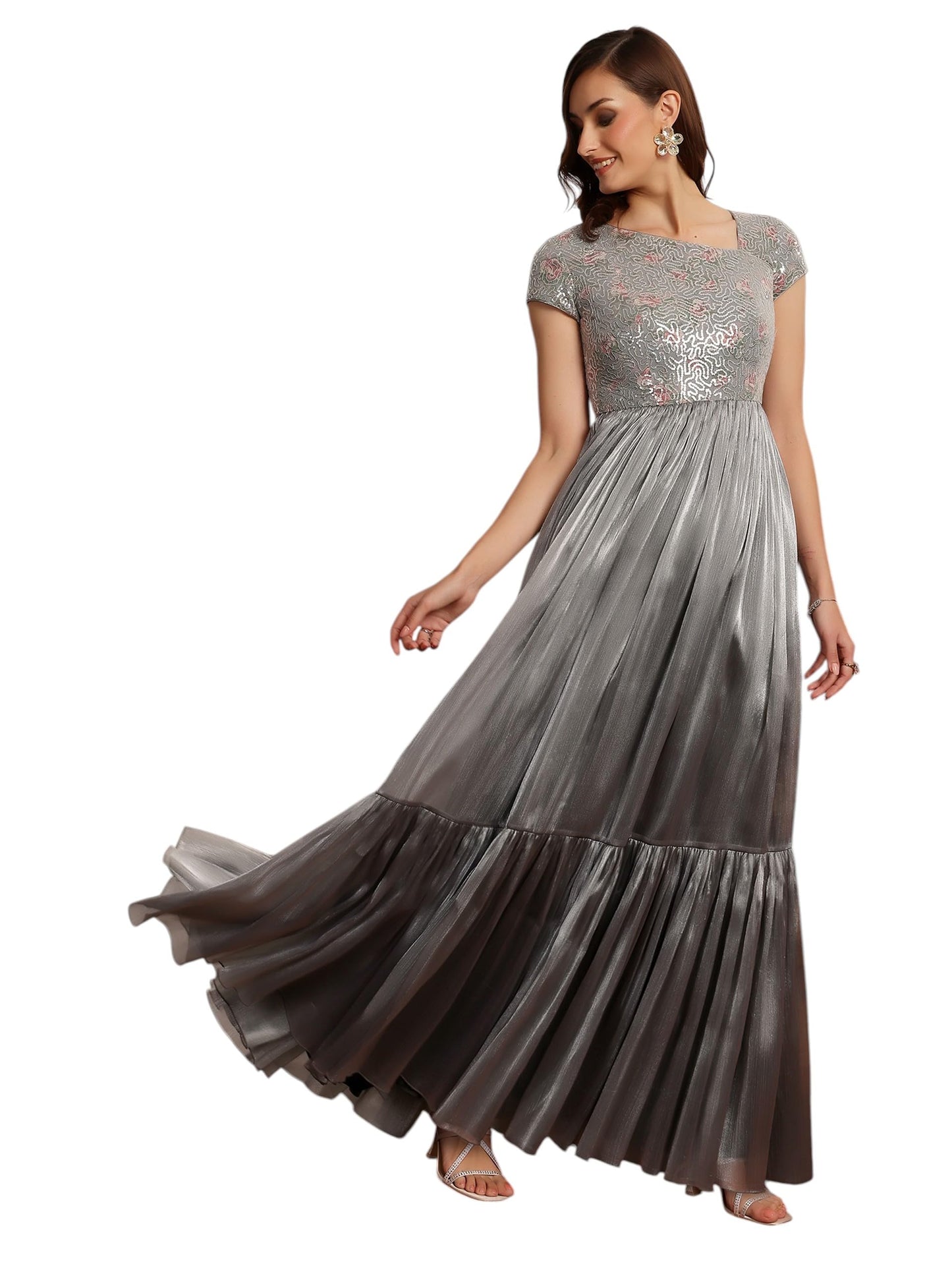 Miss Chase Womens Silver Asymmetric Short Sleeve Embellished Tiered Chiffon Maxi Dress (MCSS25D20-19-32-06, Silver, XL)