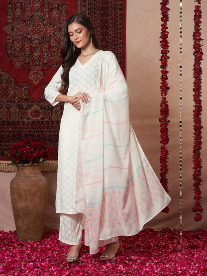 Gosriki WomenS Rayon Viscose Printed Straight Kurta With Pant & Dupatta (Mirai White-Vks03-Gs_5Xl_White_Xxxxx-Large)