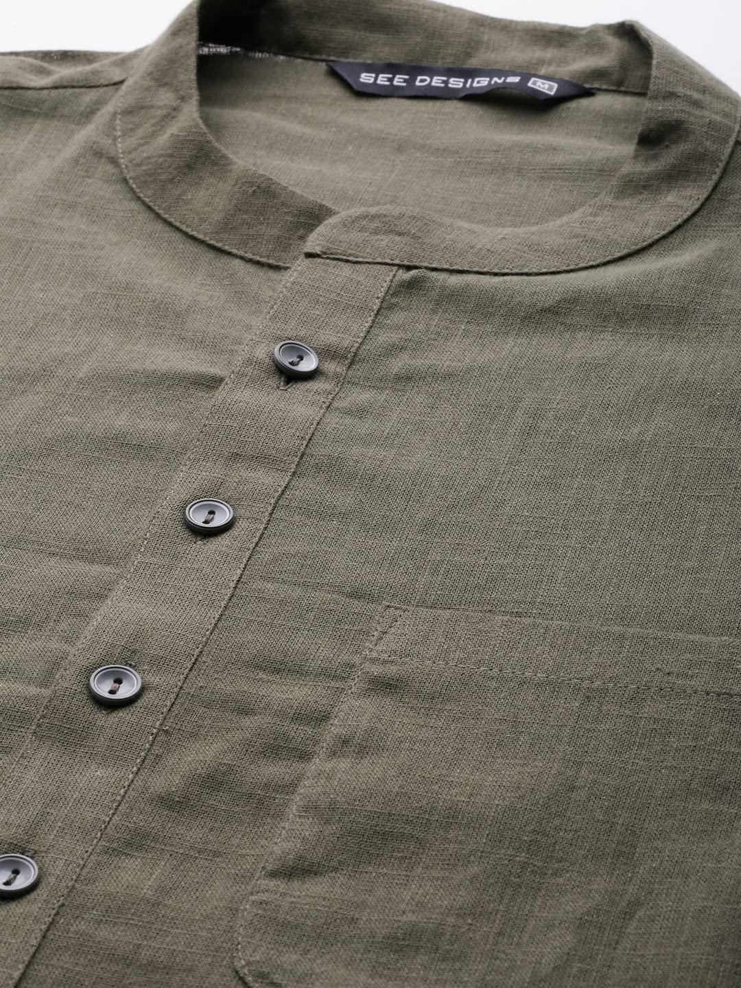 See Designs Khaki & White Cotton Regular Fit Kurta Set Madern Collar Stright Hem Side Full Sleeve Straght Kurta With Pyjama_Sdkt