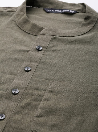 See Designs Khaki & White Cotton Regular Fit Kurta Set Madern Collar Stright Hem Side Full Sleeve Straght Kurta With Pyjama_Sdkt