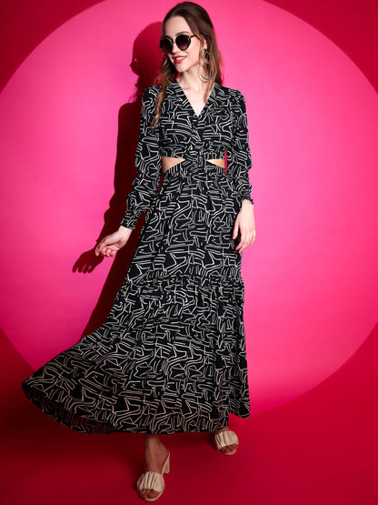 Sheetal Associates WomenS Crepe Fit And Flare Printed Full Sleeve V-Neck Casual Dress Black