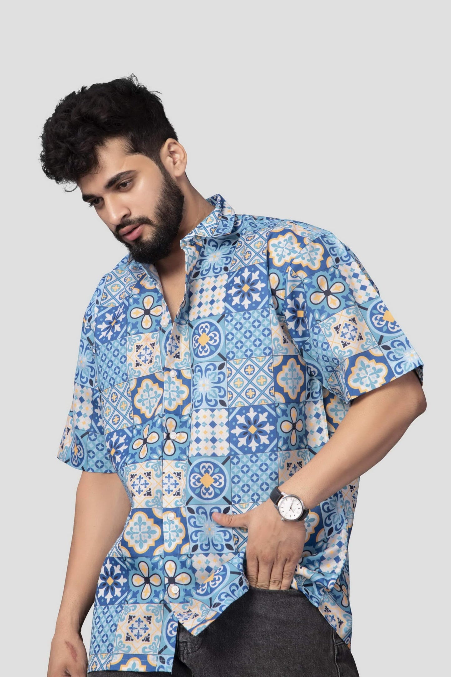 Brown Culture MenS Cotton Blend Abstract Print Shirt With Spread Collared Half Sleeves Standard Length And Button Down Closure