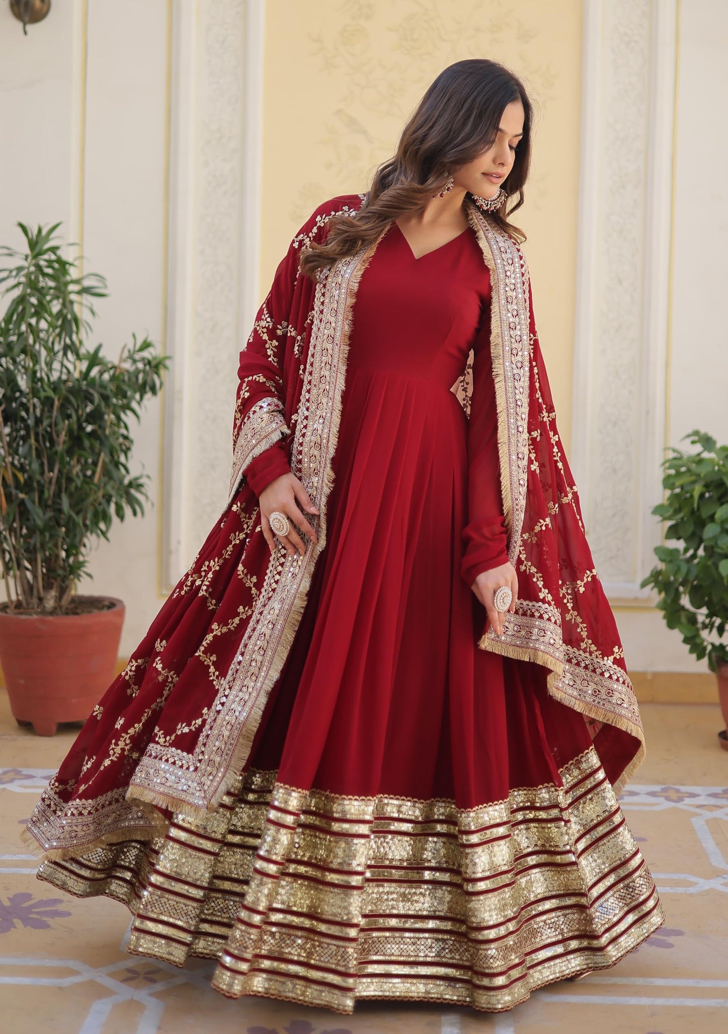 Fashion Basket WomenS Red Georgette Solid Anarkali Dress