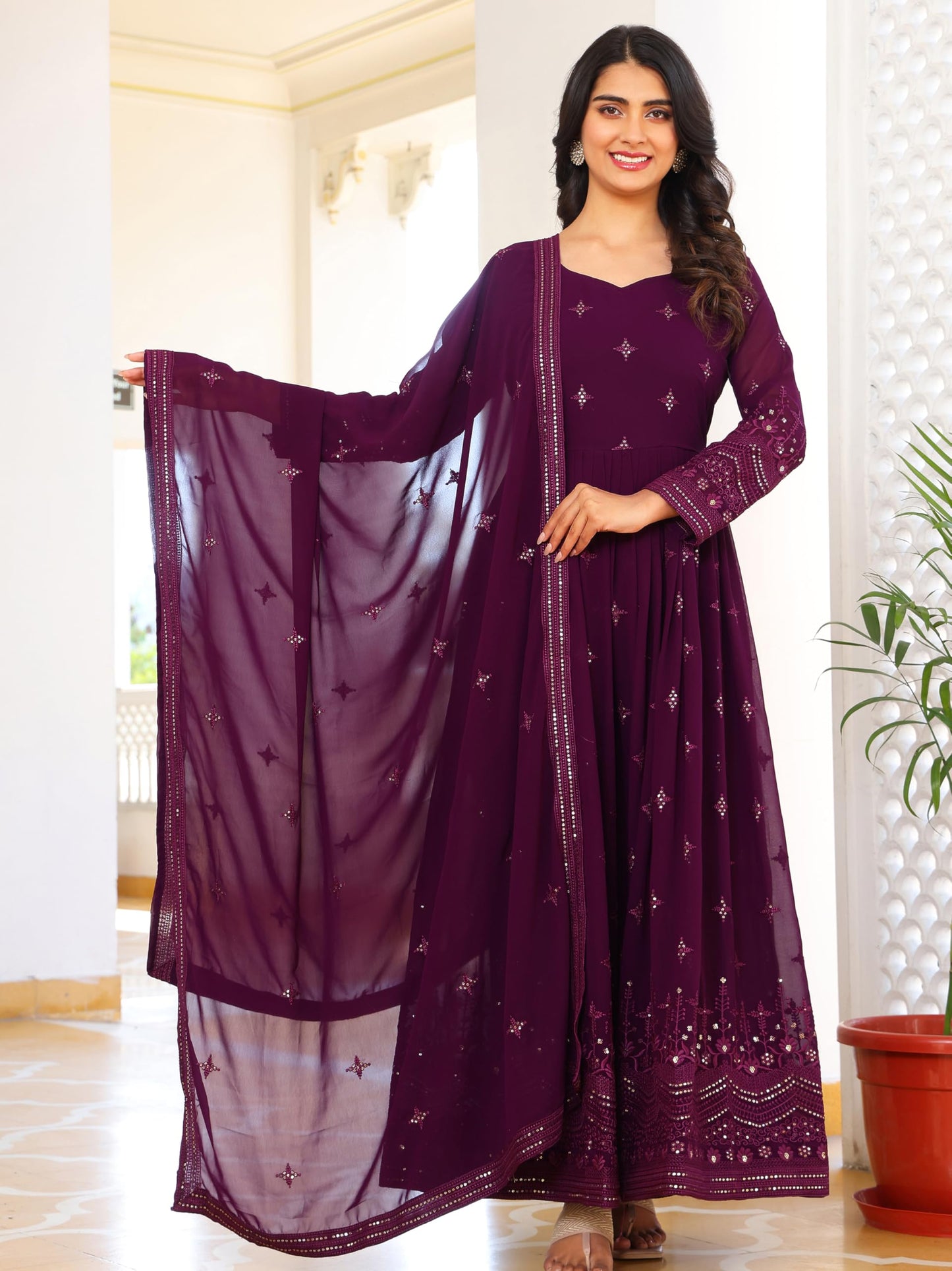 Fashion Basket WomenS Georgette Anarkali Lond Dress With Duptta Purple