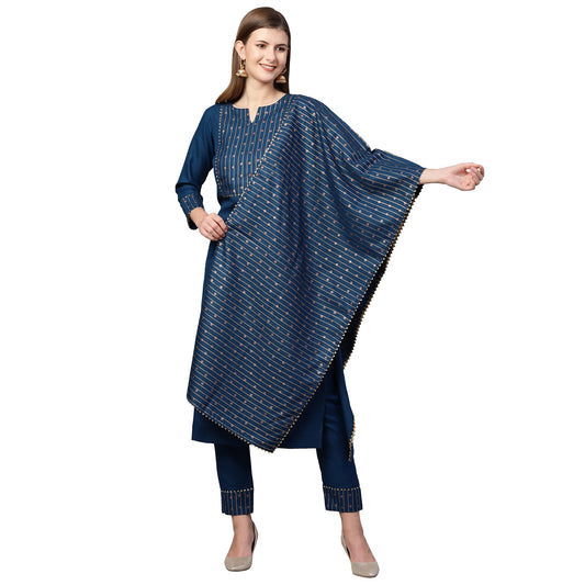 ANNI DESIGNER Women's Cotton Straight Kurta with Pant & Dupatta (KPTD-COT-10052-BLUE)