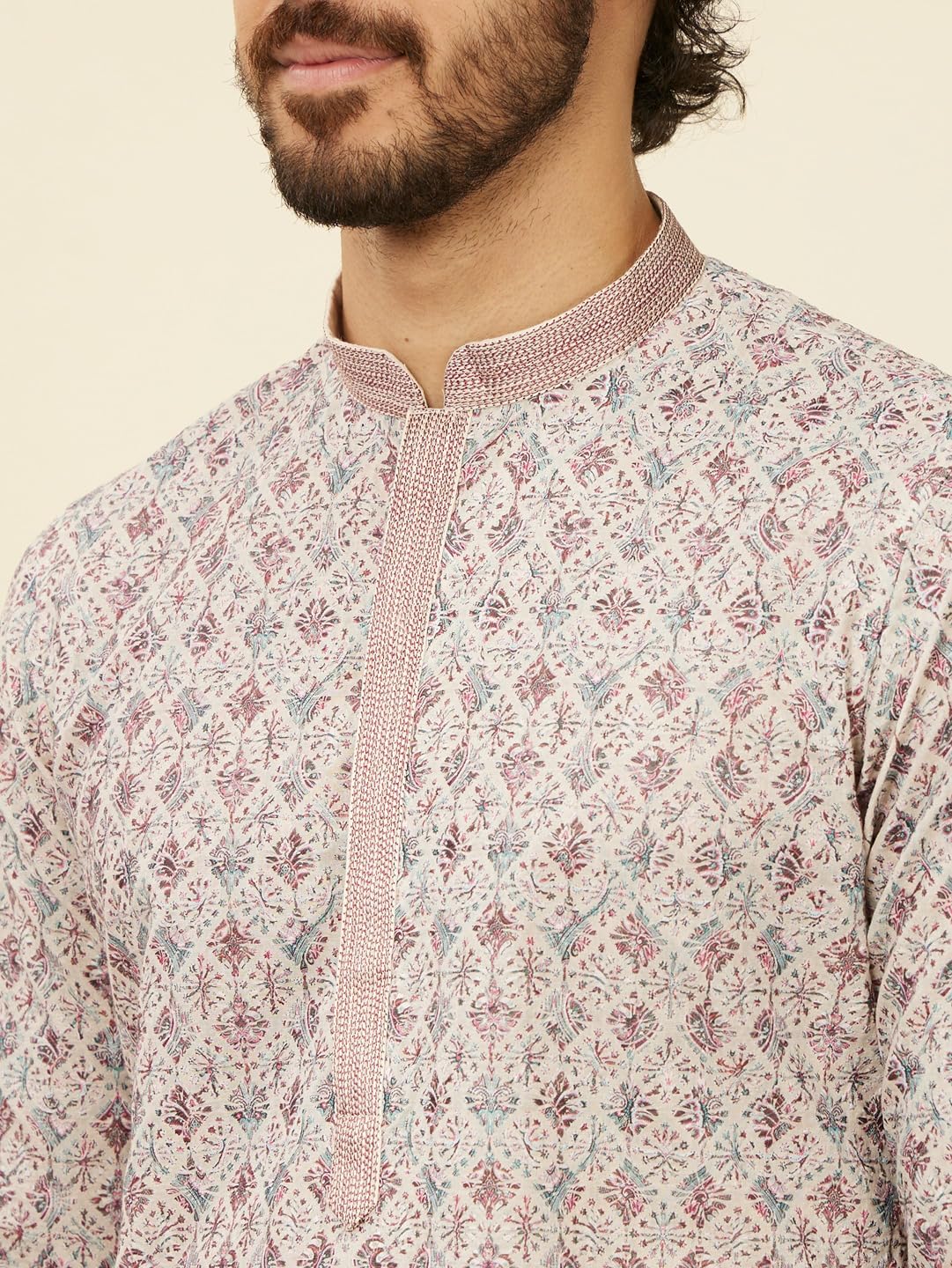 Manyavar Beige Blended Cotton Digital Printed Kurta Pyjama Set For Men