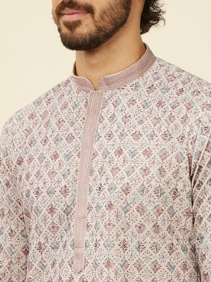 Manyavar Beige Blended Cotton Digital Printed Kurta Pyjama Set For Men