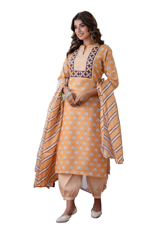 Yashika Women's Cotton Blend Printed Straight Kurta Afghani Pant Dupatta Kurta Set-Ethnic Elegance Embodied | Perfect Fusion of Tradition and Style
