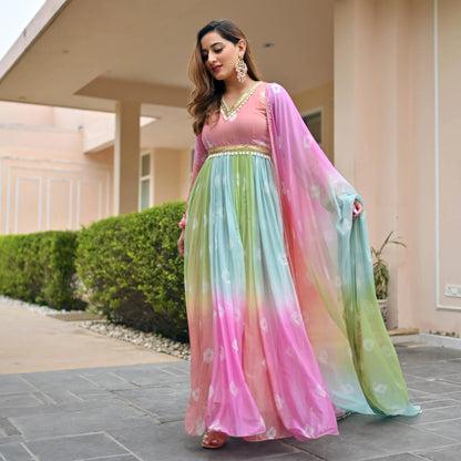 Anveri Textiles WomenS Georgette Anarkali Kurta And Dupatta Set | V Neck 3/4 Sleeves Regular Fit Flared Anarkali Kurta And Prin