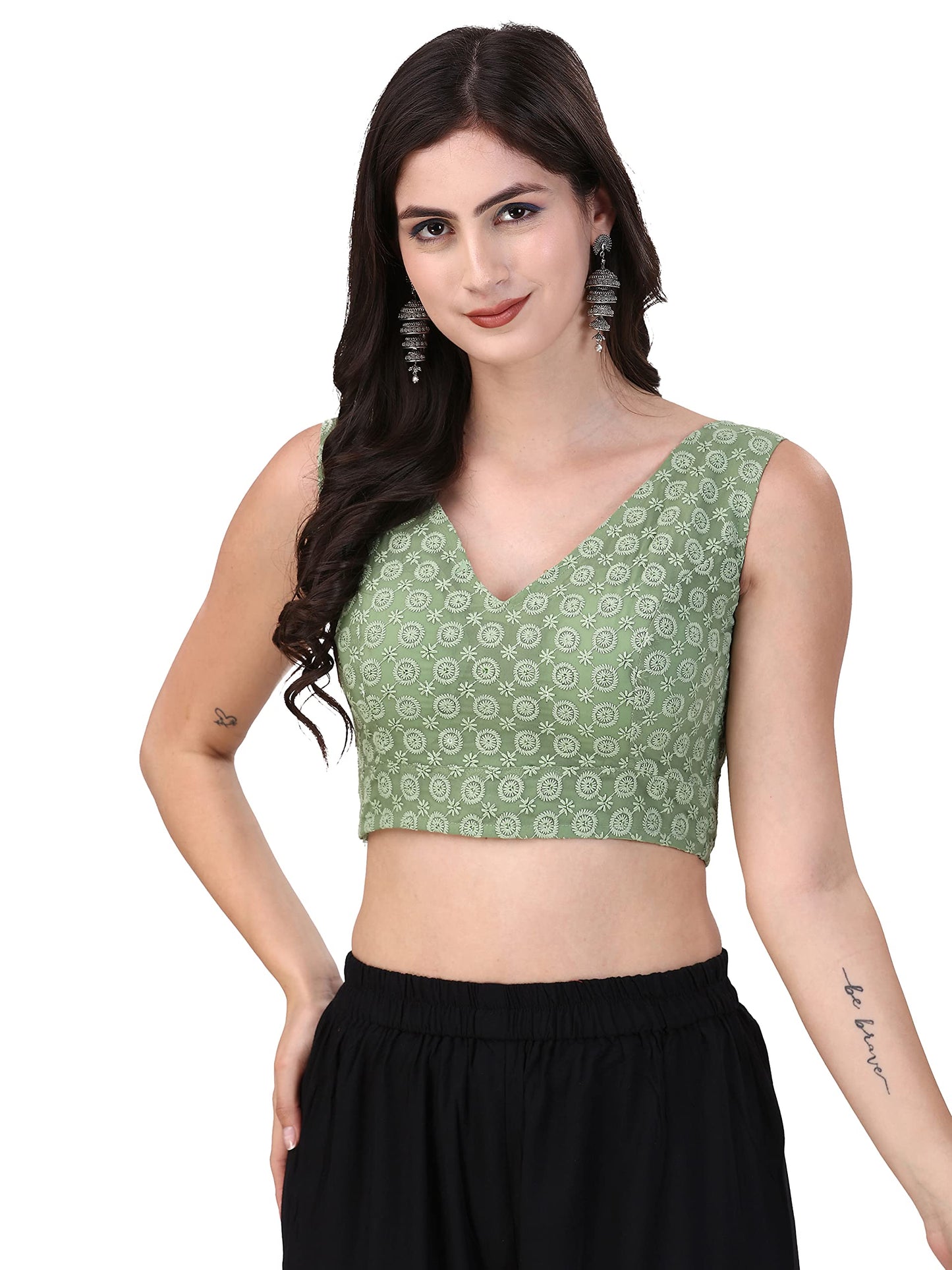 OOMPH! Womens Indian Ethnic Wear Designer Round Leaf Pattern V Neck Sleeveless Cotton Pista Blouse for Saree or Lehnga and Blou