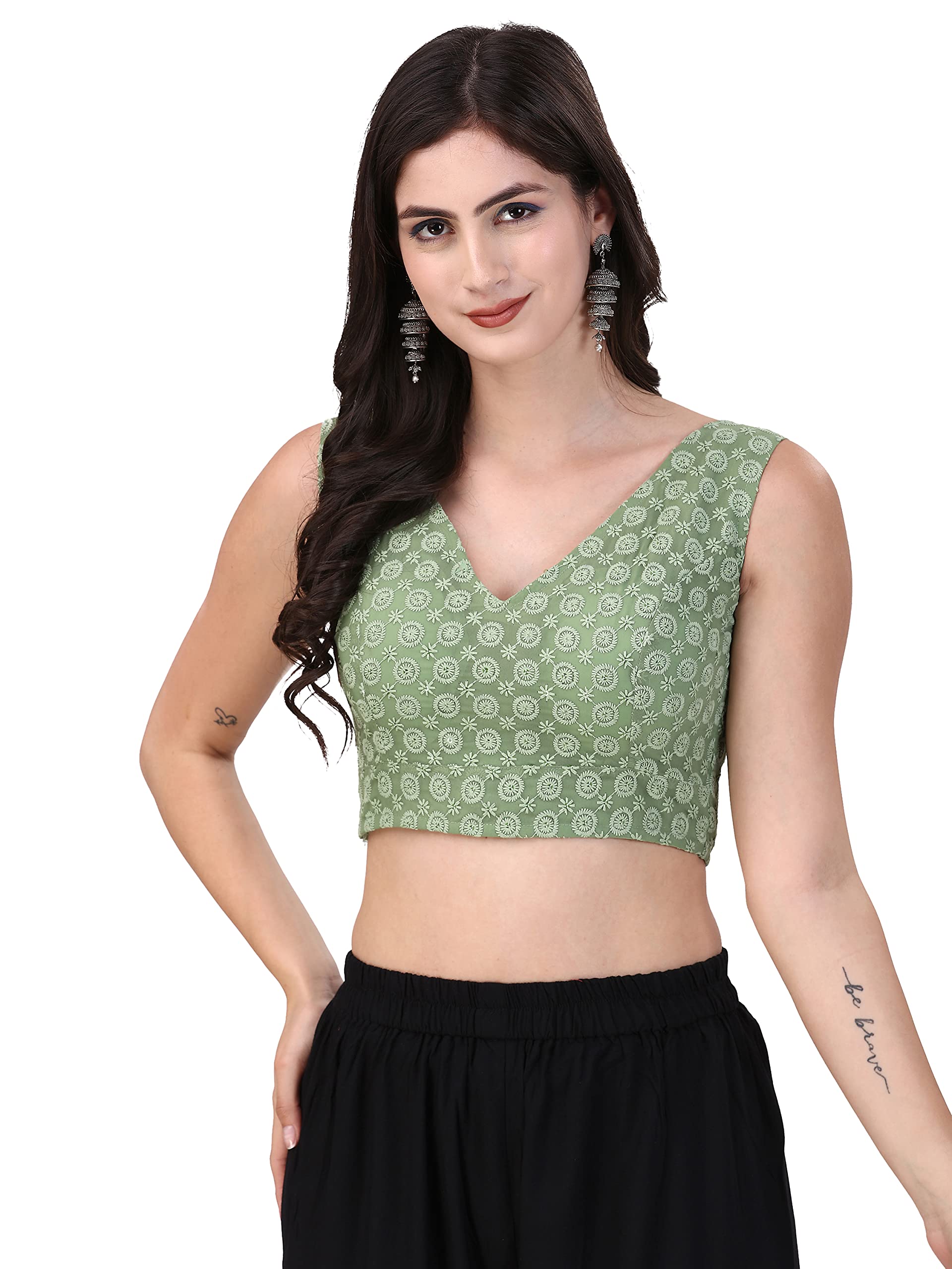 OOMPH! Womens Indian Ethnic Wear Designer Round Leaf Pattern V Neck Sleeveless Cotton Pista Blouse for Saree or Lehnga and Blou