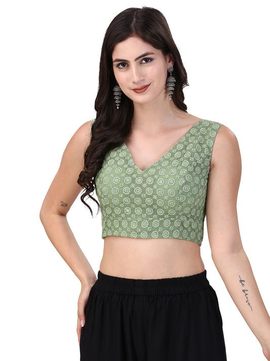 OOMPH! Womens Indian Ethnic Wear Designer Round Leaf Pattern V Neck Sleeveless Cotton Pista Blouse for Saree or Lehnga and Blou