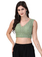 OOMPH! Womens Indian Ethnic Wear Designer Round Leaf Pattern V Neck Sleeveless Cotton Pista Blouse for Saree or Lehnga and Blou
