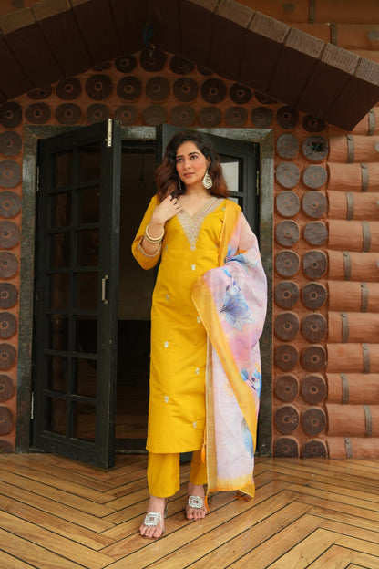 Rieka Women Embroidered Kurta Set With Floral Printed Dupatta & Straight Pant | Ethnic Wear Set For Women | Silk Blend Kurta Set
