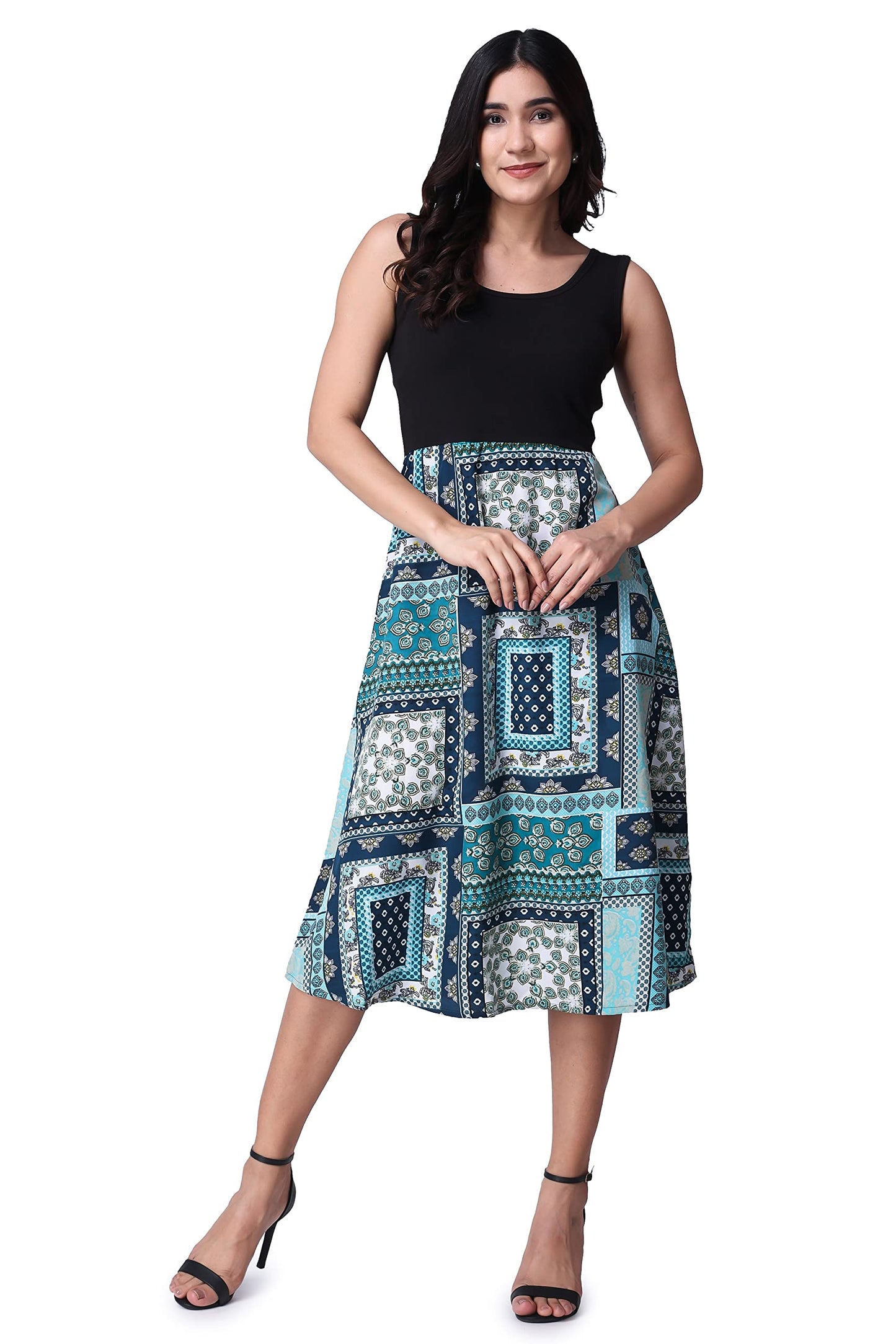 Popwings Casual Boho Printed And Solid Peplum Dress For Women | Summer Dresses For Women | Sleeveless Women Dresses | Round-Neck