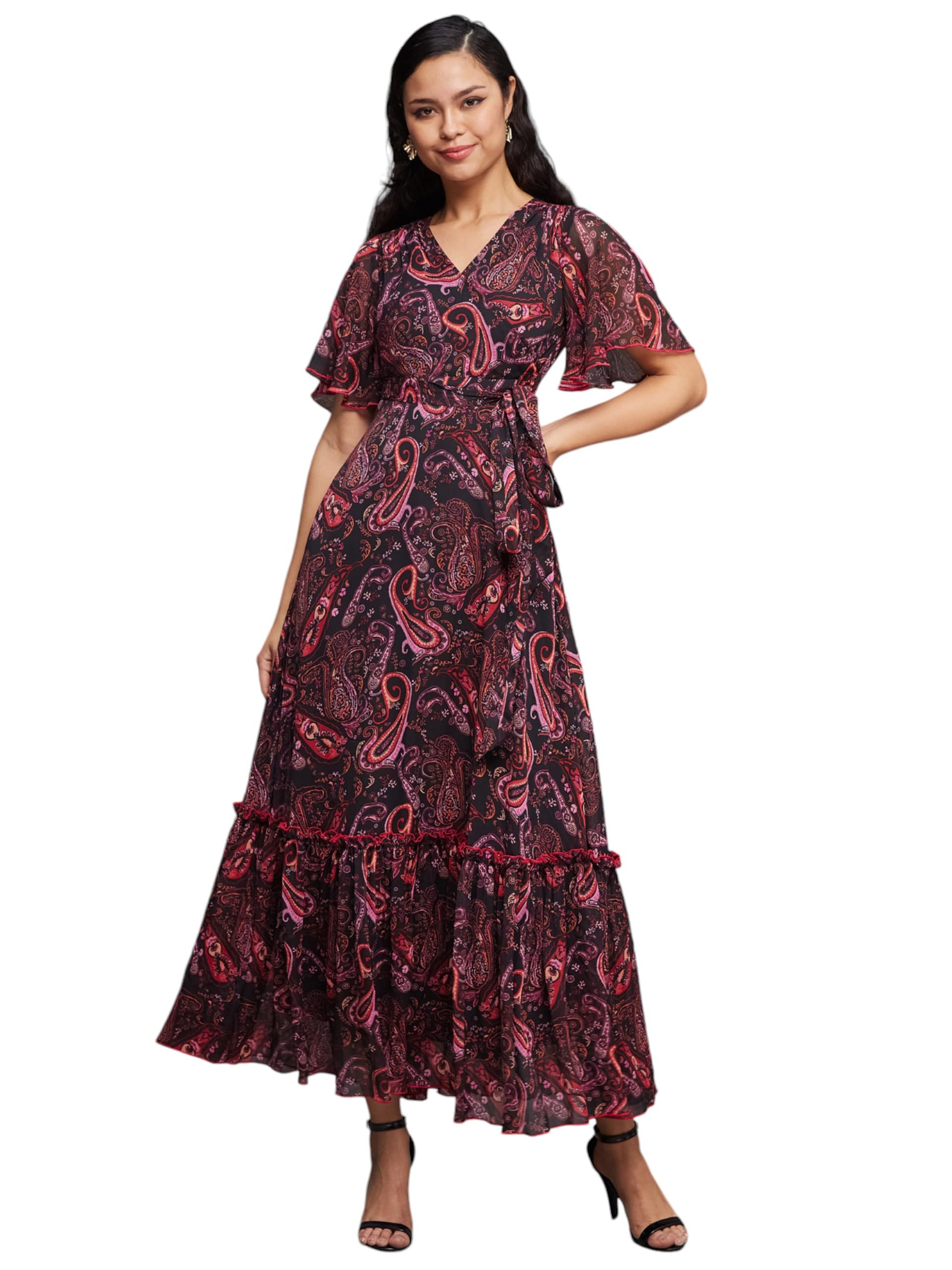 Miss Chase WomenS V-Neck Flutter Sleeve Maxi Dress (Mcaw24D96-15-171-05, Multicolored-Base-Black, L)