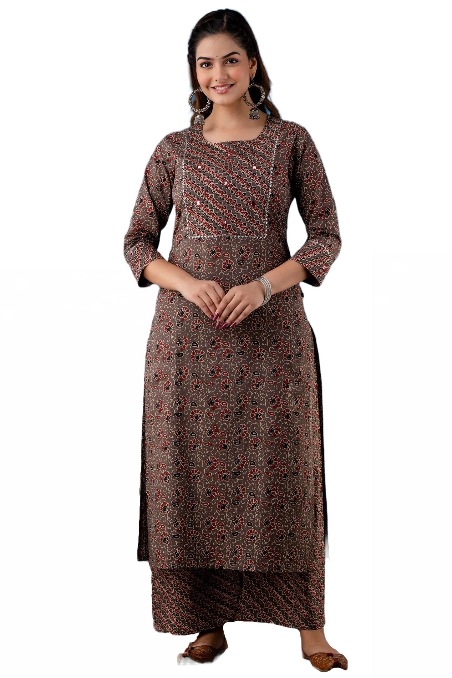 ANNI DESIGNER Womens Cotton Blend Traditional Straight Printed Kurta and Palazzo Set (Janar Dark Brown NW_XL_Dark Brown_X-Large