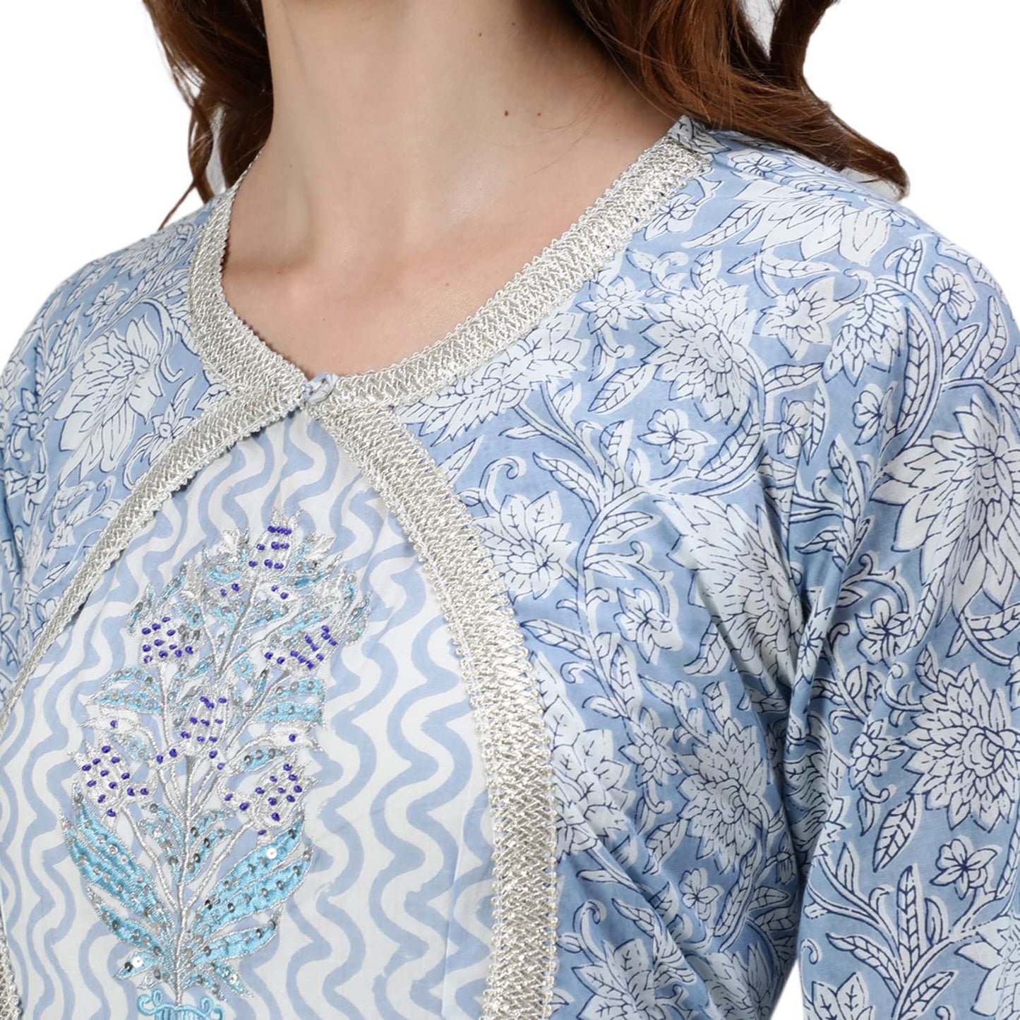 ishin Women's Cotton Anarkali Embroidered Zari Floral Print Blue Kurti & Jacket