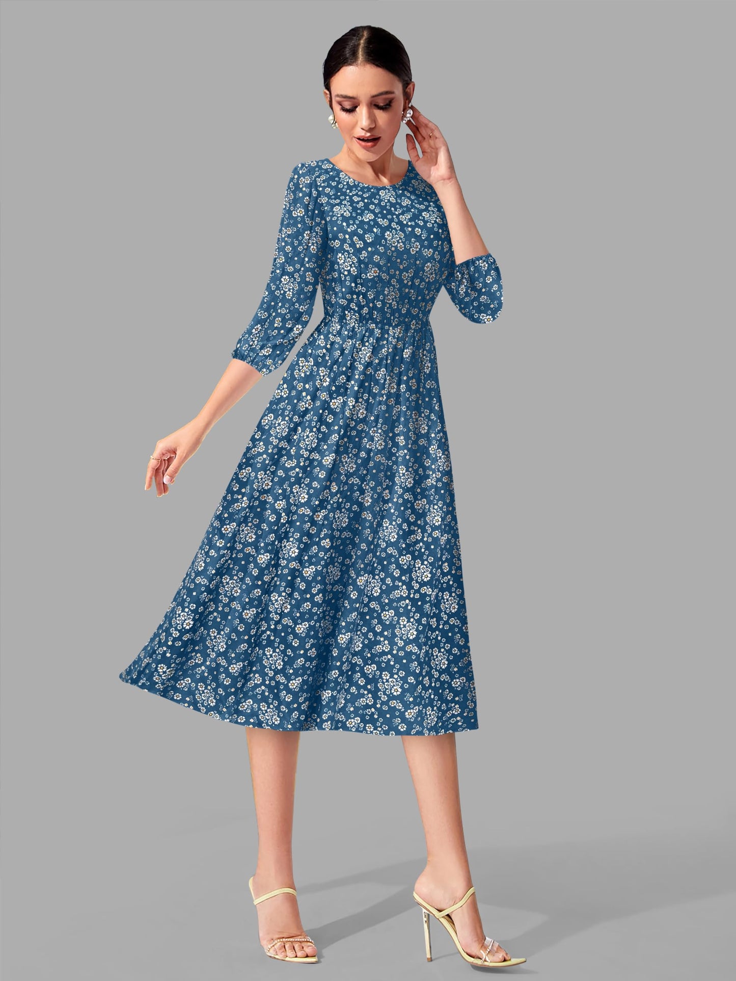 Toochki WomenS Teal Blue Muslin Floral Fit & Flared Western Dress | Dress For Women | A Line Dress | Winter Dress | Western Dre