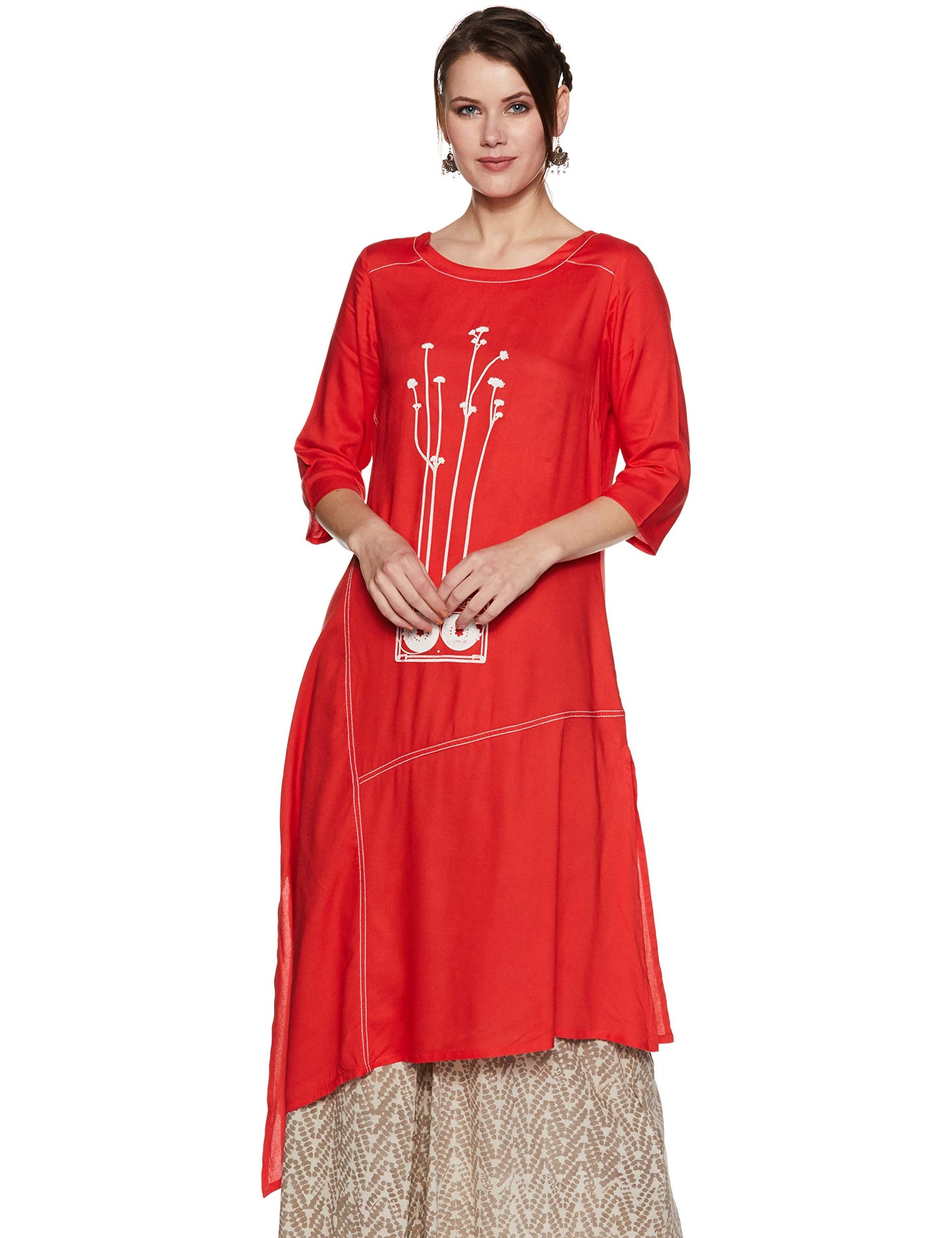 W Red Round Neck Printed Kurta