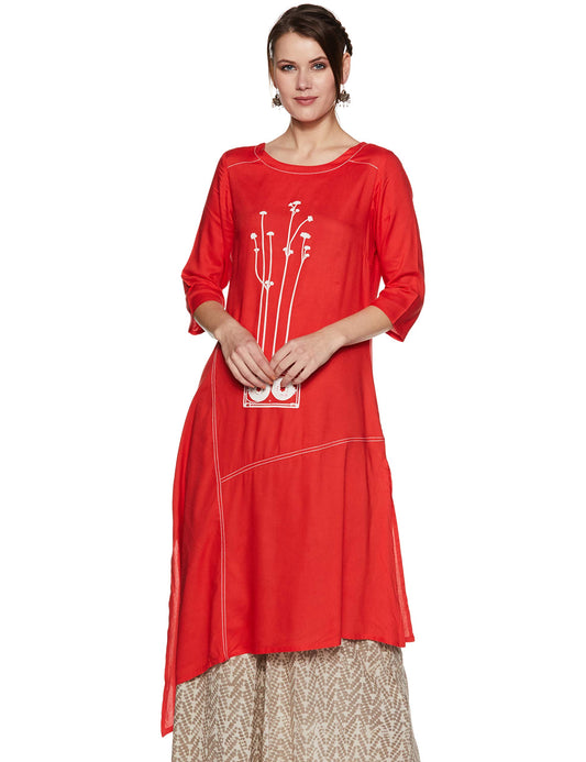 W Red Round Neck Printed Kurta