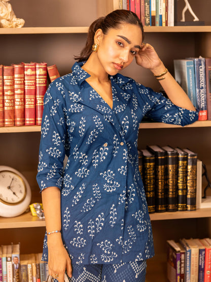 Libas Indigo Floral Printed Front Open Tunic With Chevron Printed Palazzo