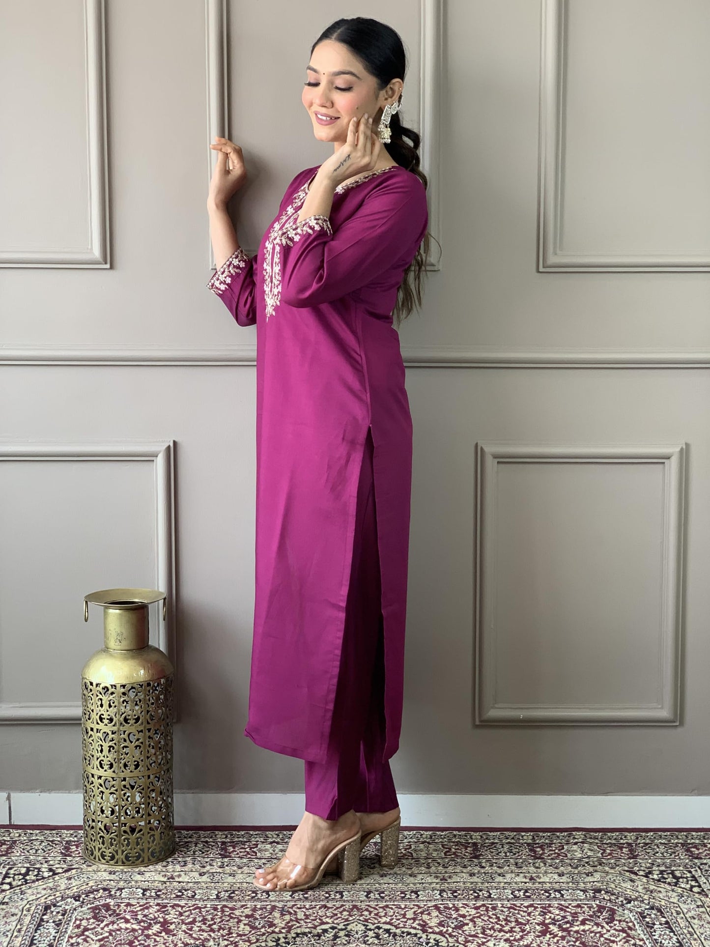 Naixa Womens Wine Chanderi Viscose Embroidered Straight Kurta with Chanderi Viscose Pant and Cotton Laced Dupatta Sets (NX-S-Em