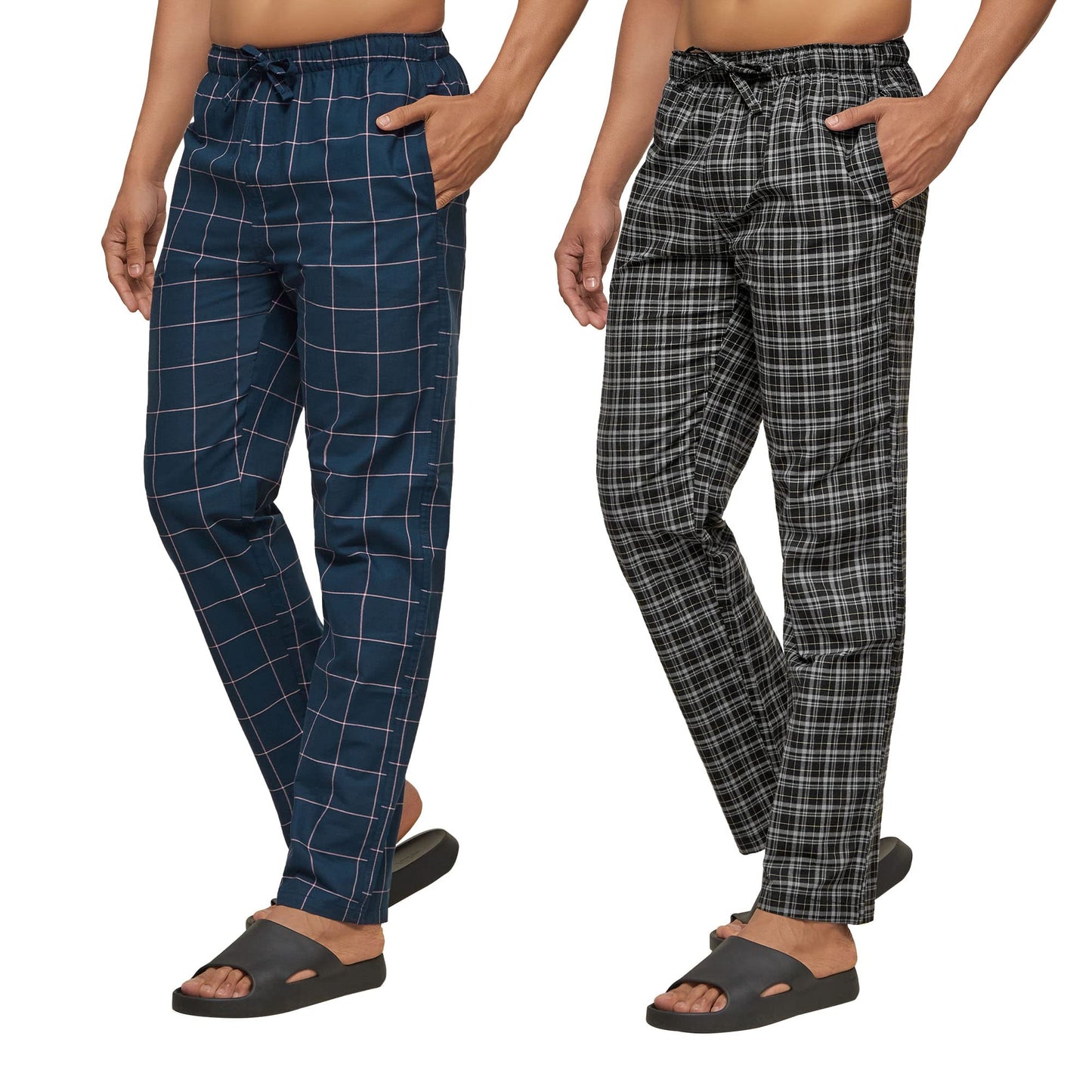 XYXX Mens Super Combed Cotton Checkered Checkmate Pyjamas [Pack of 2] Elasticated Waist, Drawstring | Loungewear for Men in Bla
