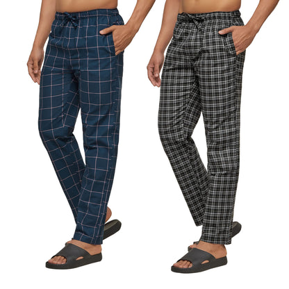 XYXX Mens Super Combed Cotton Checkered Checkmate Pyjamas [Pack of 2] Elasticated Waist, Drawstring | Loungewear for Men in Bla