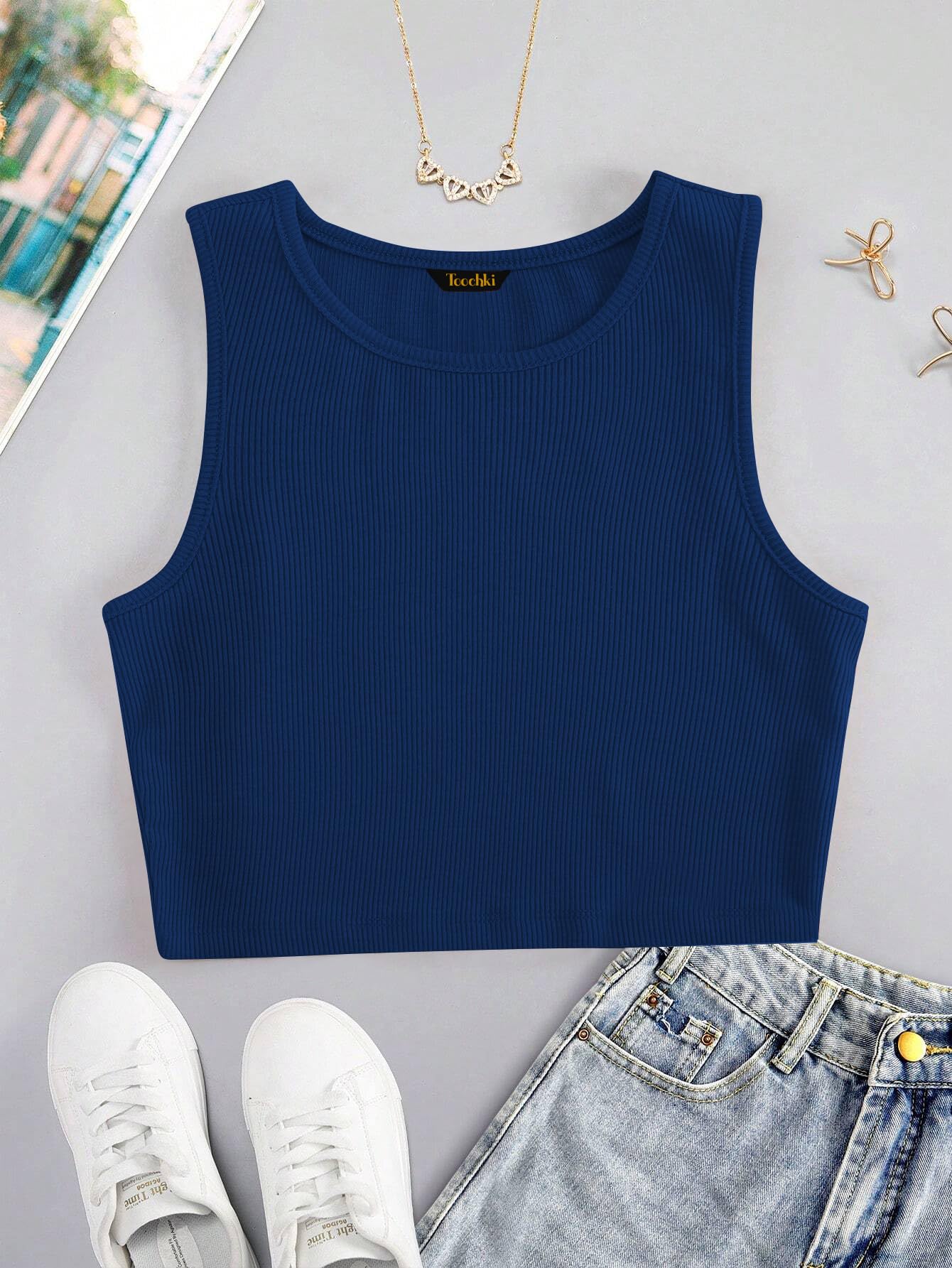 Toochki Tops for Woman | Spandex Top | Crop | Short | Western | for Jeans | Sleeveless | Stretchable | Teal Blue