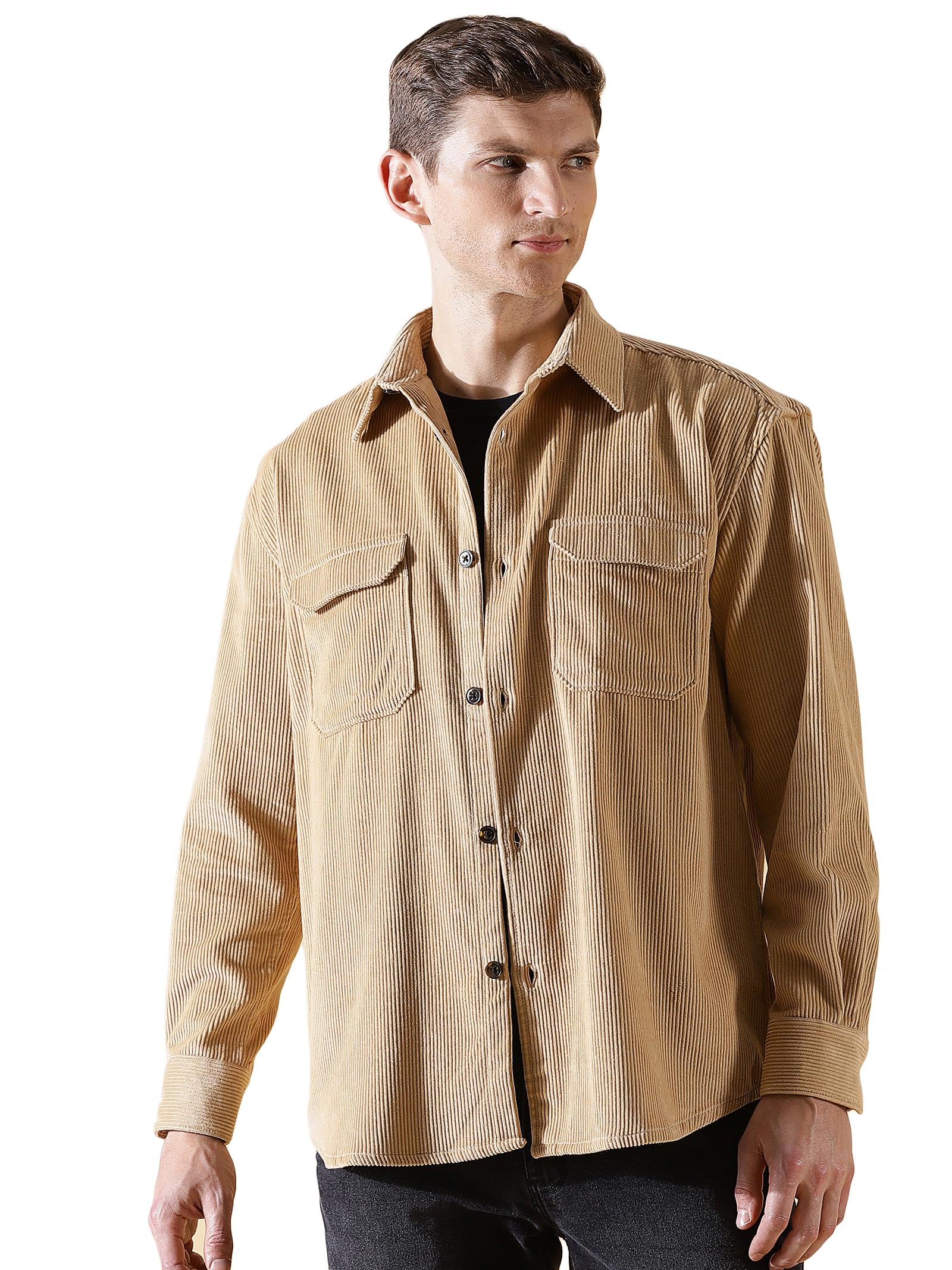 Thomas Scott Mens | Full Sleeve | Corduroy | Double Pockets | Relaxed Fit | 100% Cotton | Spread Collar | Casual | Shirts (Beige